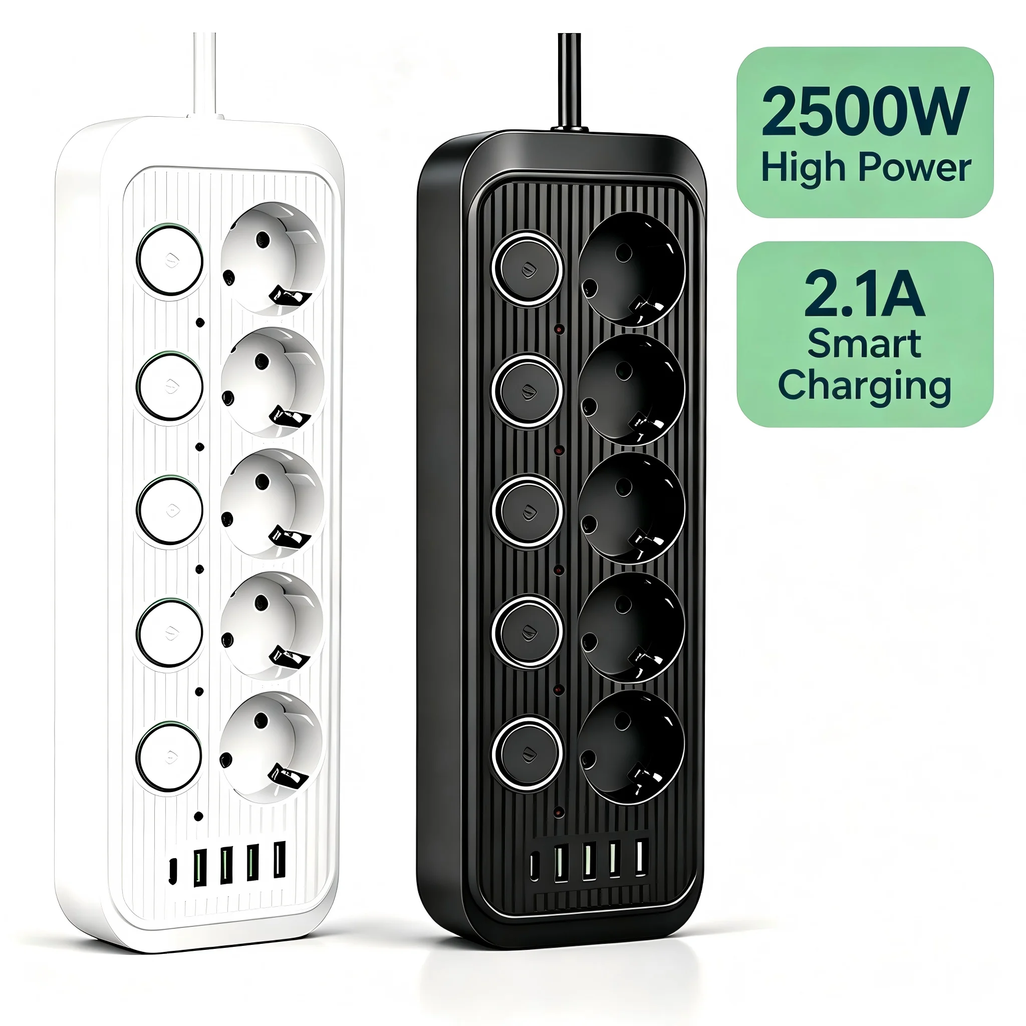 EU Plug Power Strip with Individual Switches 5 AC Socket Multi Outlets USB Ports 2M Extension Cord 2500W Power Strip For Home