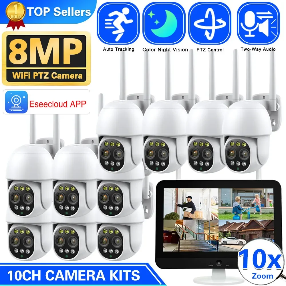 12.5 Inch Monitor 10CH NVR Kit Wireless PTZ Security 8MP 10X Zoom Camera System 2-Way Audio Home Wifi CCTV Surveillance Cameras