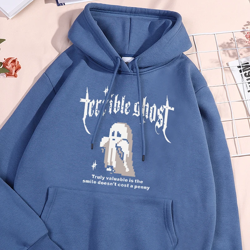 Terrible Ghost Printing Men Sweatshirt Autumn Loose Versatile Hooded Warm Fleece Hoodies Fashion Round-Neck Comfortable Clothes