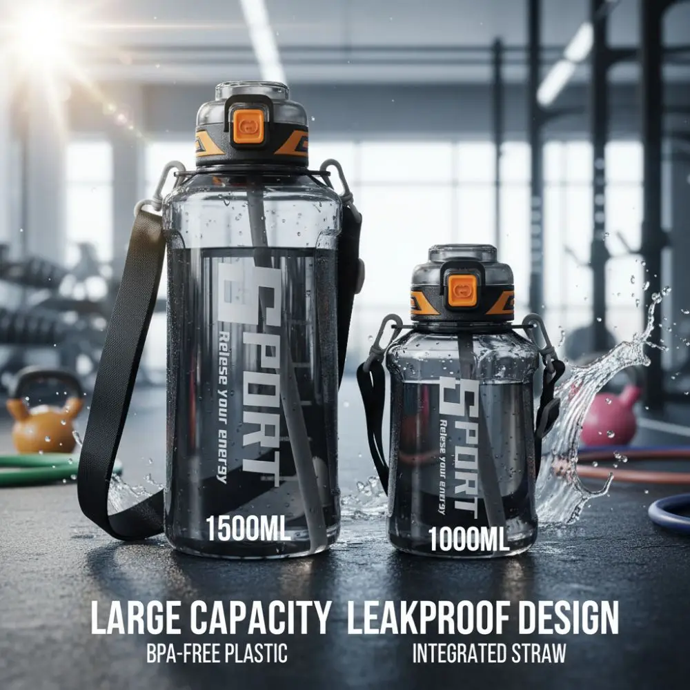 

Спортивная бутылка для воды 1000 мл/1500 мл, пластиковые бутылки для питья большой емкости, герметичная с соломинкой, бутылка для воды для фитнеса