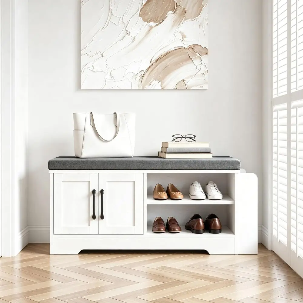 39.6 Shoe Storage Bench with Cushion, Entryway Shoe Cabinet, White | 3-in-1 Shoe Storage Bench, Adjustable Shelves, Removable Cu