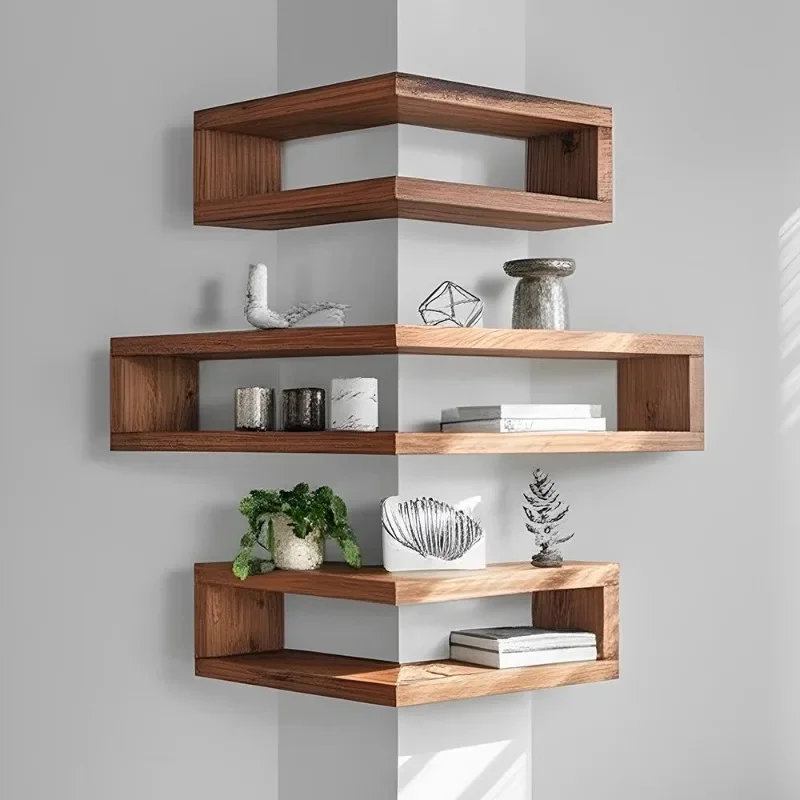 All solid wood corner rack, log design wall rack, bedroom creative wall hanging storage rack