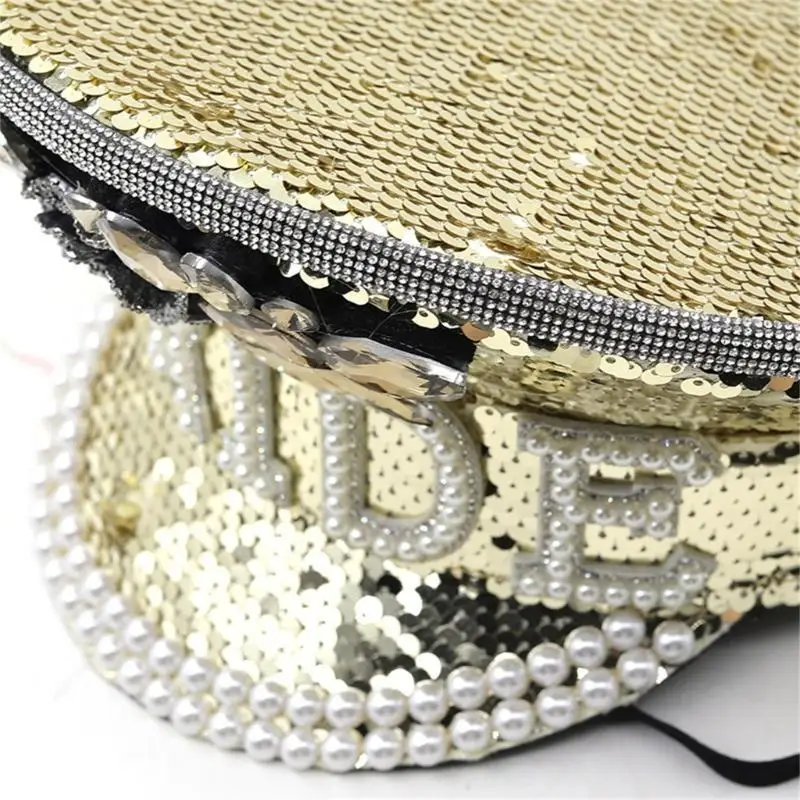 652F Jeweled Captain Hat with Heavy Crystal Sequins for Bride Bachelorette Party Hand Beading Pearls Hat Wedding Photos