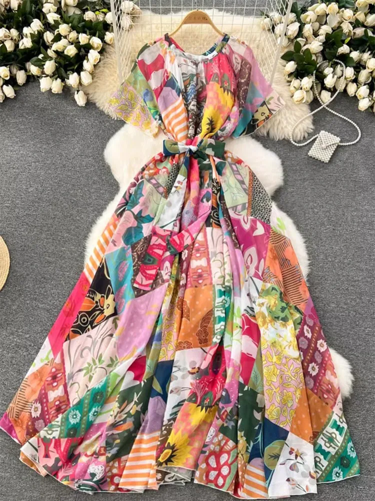 

Lusumily Summer New Casual Chiffon Long Dress Women Printed Flowers Dresses Lady Maxi Beach Dress Female Holiday Sundress Robe