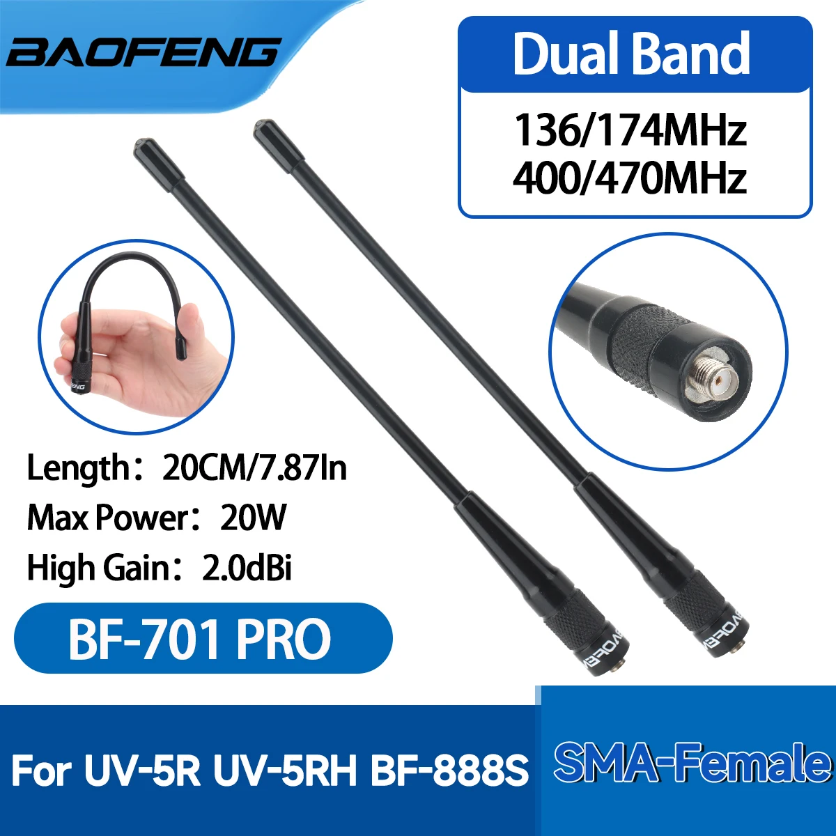 Baofeng BF-701 PRO Dwuzakresowa antena SMA-żeńska o wysokim wzmocnieniu UHF VHF do Baofeng UV-5R BF-888S UV-21 PRO 5RH Quansheng UV-K6 UV-K5