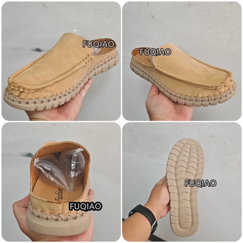 Genuine Leather Handmade Mule Loafers Men Breathable Comfort Backless Slip On Shoes Non Slip Thick Sole Outdoor Casual Slides
