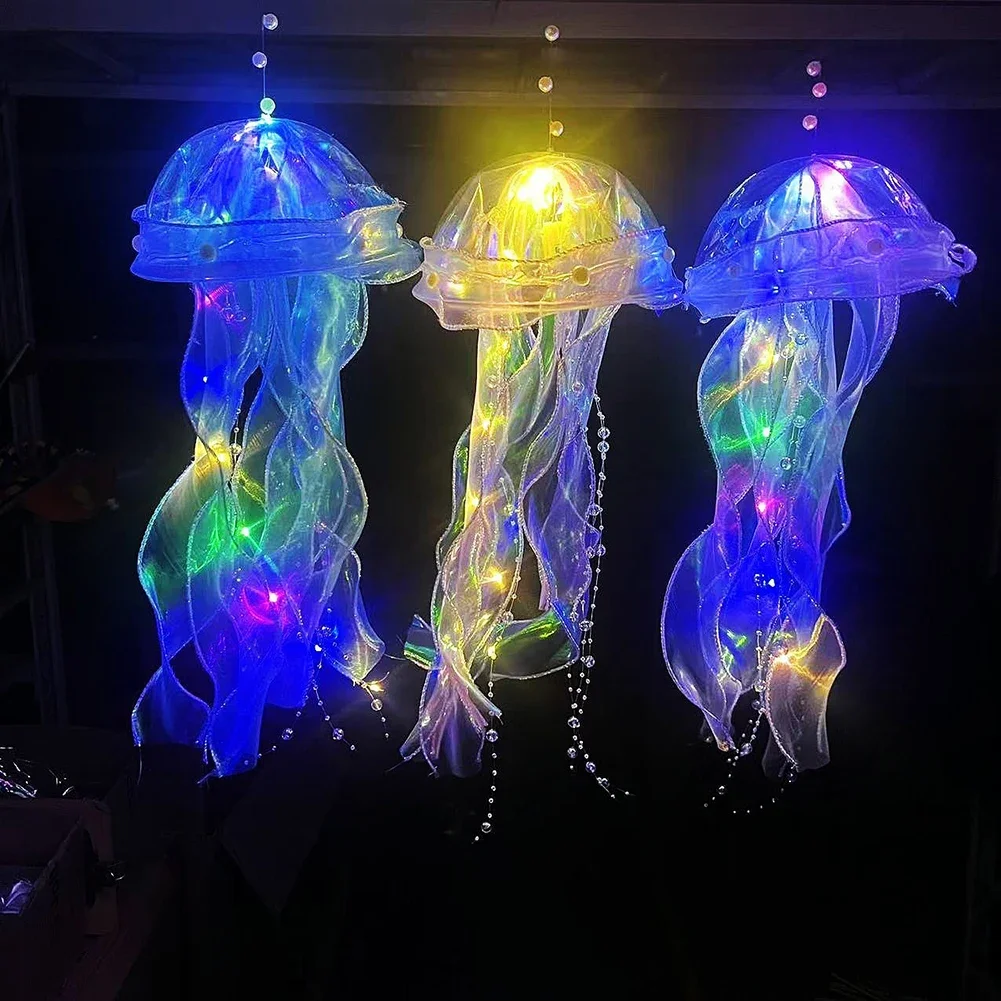 Jellyfish Colorful Nightlight Button Battery Hanging Ceiling Lantern with Ribbon&Bead LED Bulbs for Children Bedroom