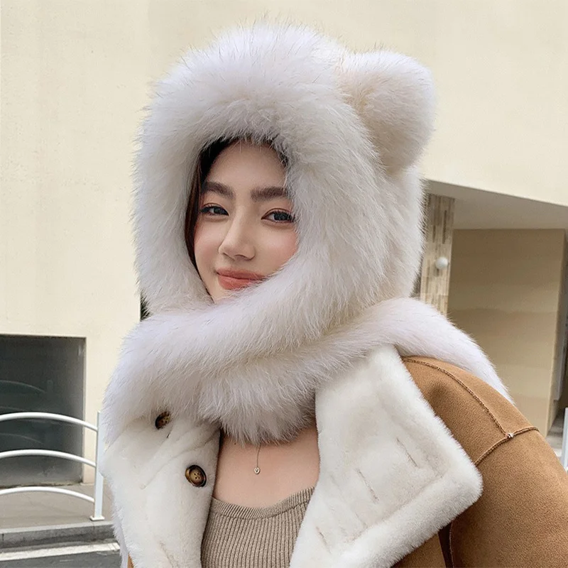 

Winter Fox Fur Scarf Hat Warm Soft Plush Ear Protection Cap Neck Warm Cute Bwindproof Integrated Cap Fox Knitting Hat Scarf