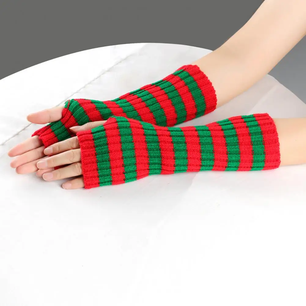 1 Pair   Mid-length woolen autumn and winter Christmas warm striped gloves for men and women