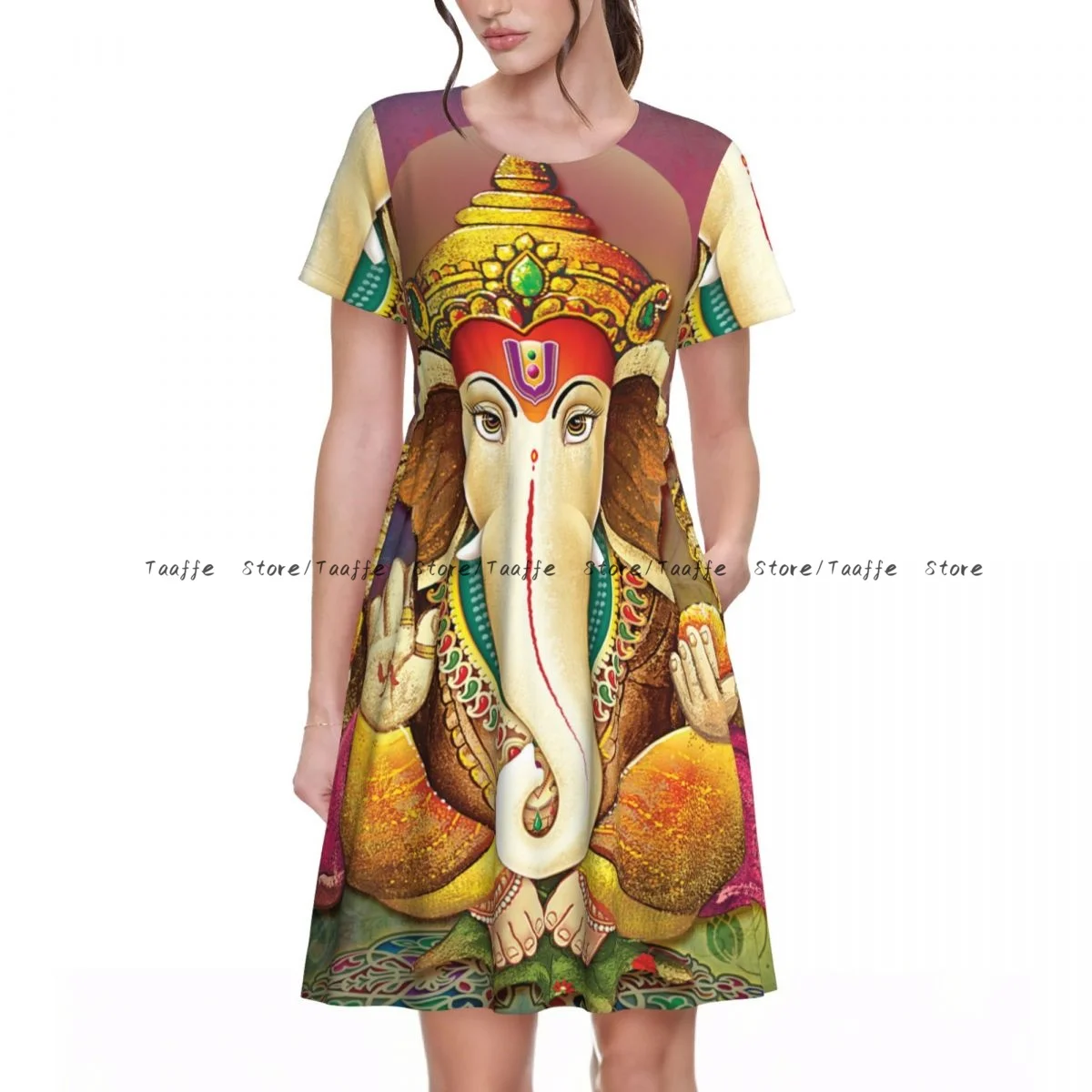 

Elegant Women Dress Indian God Ganesha Mythological Turn-down Collar Short Sleeve Body-Shaping Street Robe