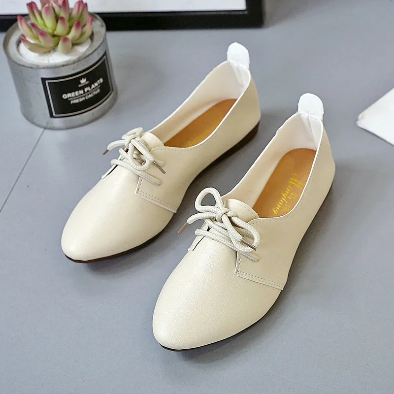 PU Pointed Toe Casual Flats 2023 High Quality Solid Shoes Female Spring/Autumn Lace-up Basic Flats Zapatos Planos Para Mujeres