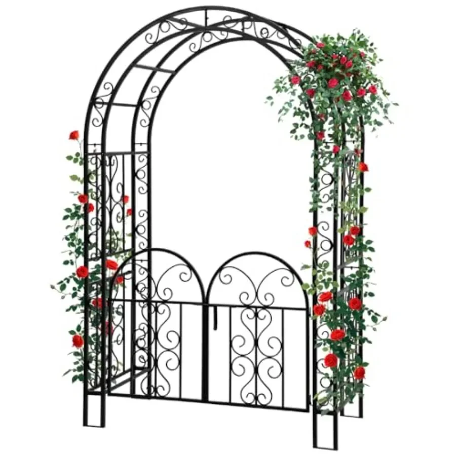 Garden Arch with Gate for weddings and courtyard, heavy duty metal iron, black, 83 inches tall, cast trellis for roses climbing