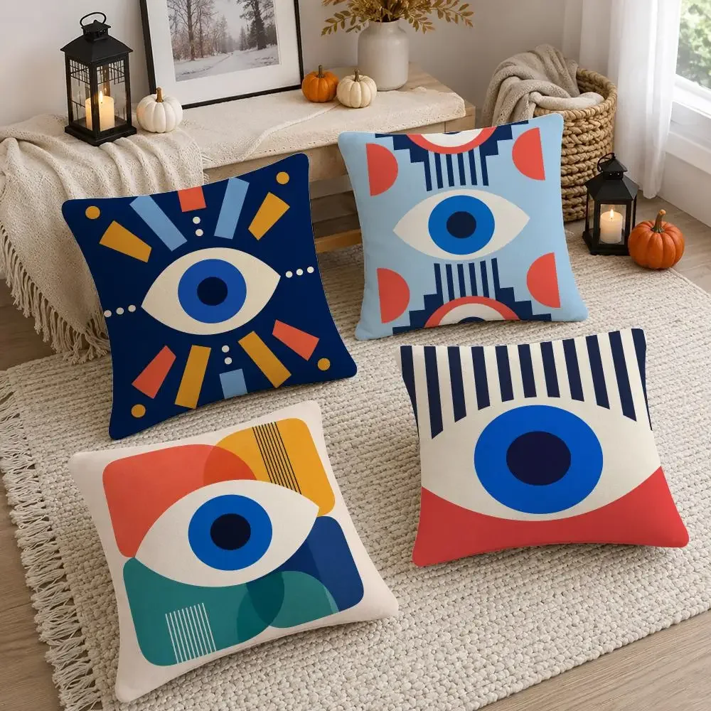 Pattern Block Geometric Evil Eye Cushion Cover Soft Fluffy Short Plush  Pillow Case Throw Decorative for Sofa Bedroom Home Decor