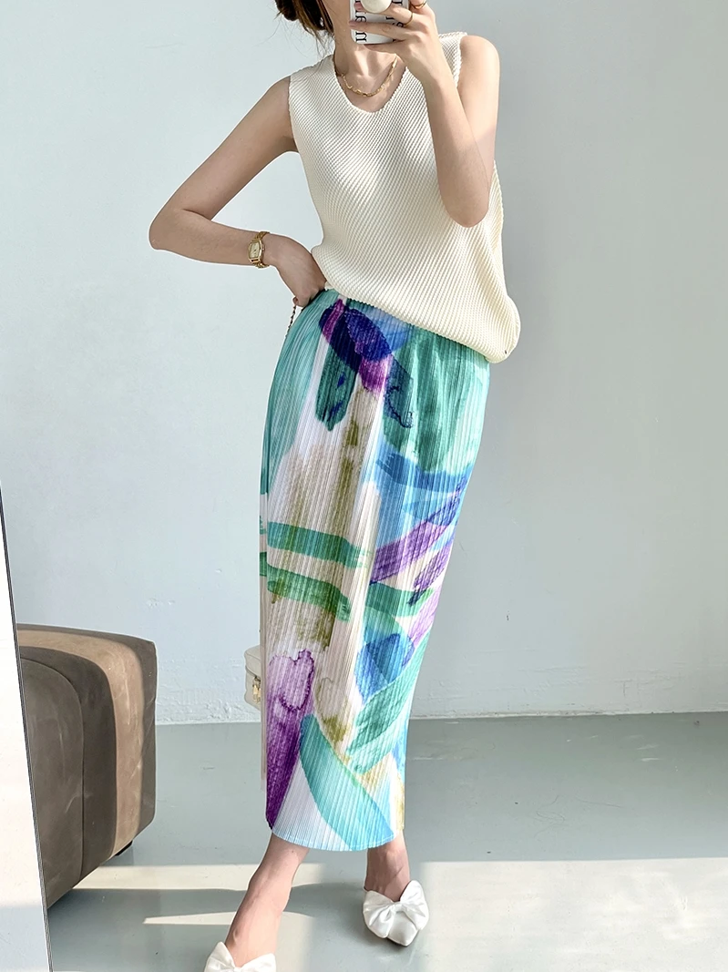 

Miyake Pleats 2024 New Summer Designer Clothes Women Oil Painted Printed Aesthetic Skirt Korean Style Split Long Straight Skirt