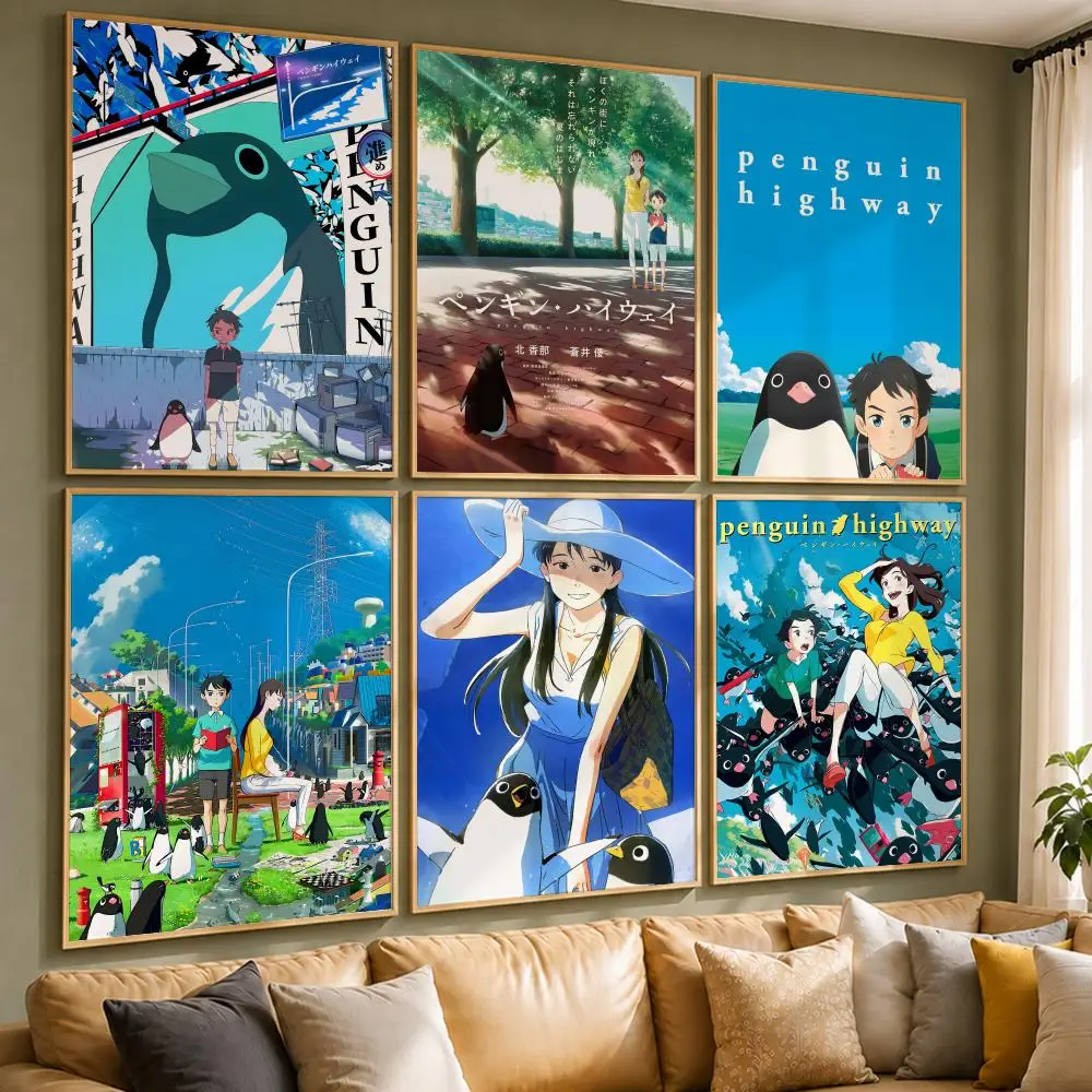 Anime Movie P-Penguin HighwayS Poster Vintage Retro Anime Poster Stickers Peel and Stick Wall Art Home Decor