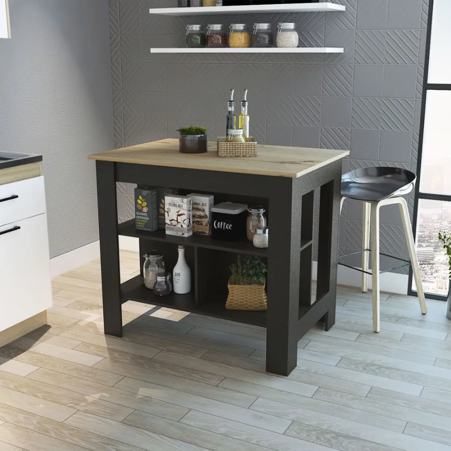 

Rockaway 3Shelf Kitchen Island Black gue and Light Oak