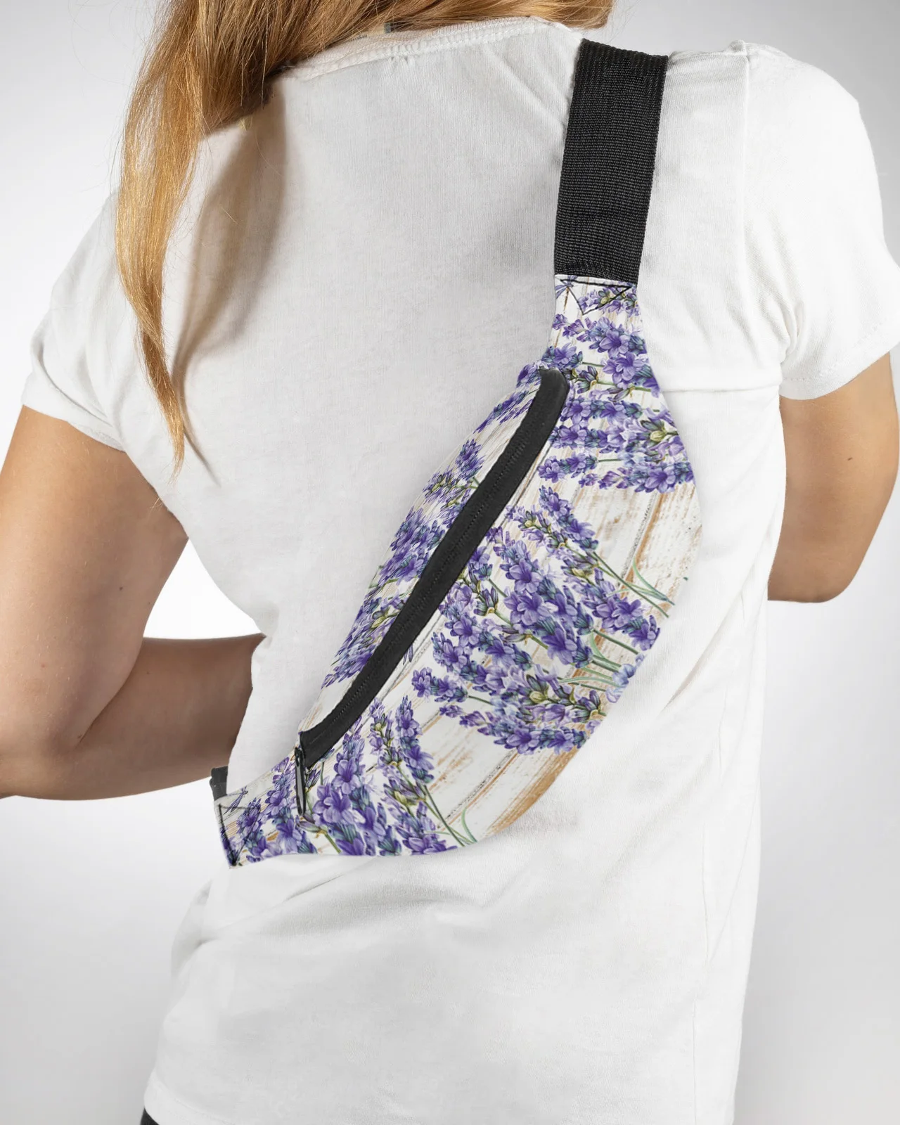 Purple Flower Lavender Dragonfly Wood Men Women Waist Bag Fanny Pack Phone Belt Bag Wallet Pouch Waterproof Banana Hip Bags