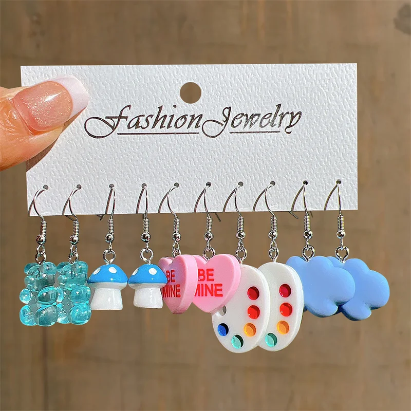 Cute Cartoon Colorful Heart Cloud Earrings Set for Women Funny Butterfly Fruit Ice Cream Geometric Dangle Earrings Jewelry Gifts