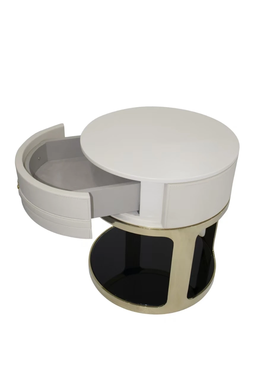 Meja samping tempat tidur modern minimalis dengan lapisan pernis kulit putih mengkilap