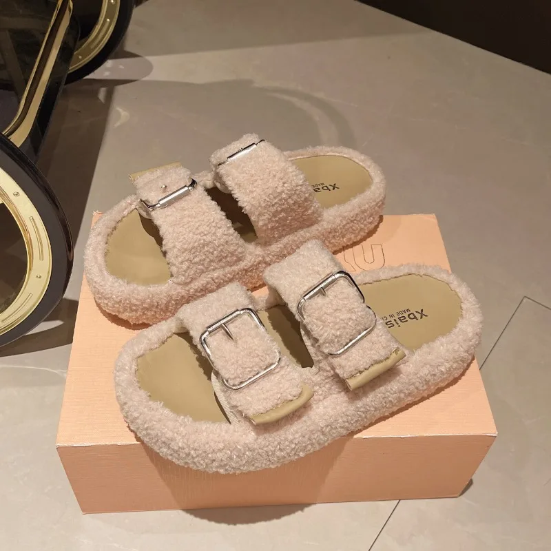 Women's Fashion Platform Slippers Autumn New Round Head Open Toe Suede Metal Buckle Comfortable Flat Sandals