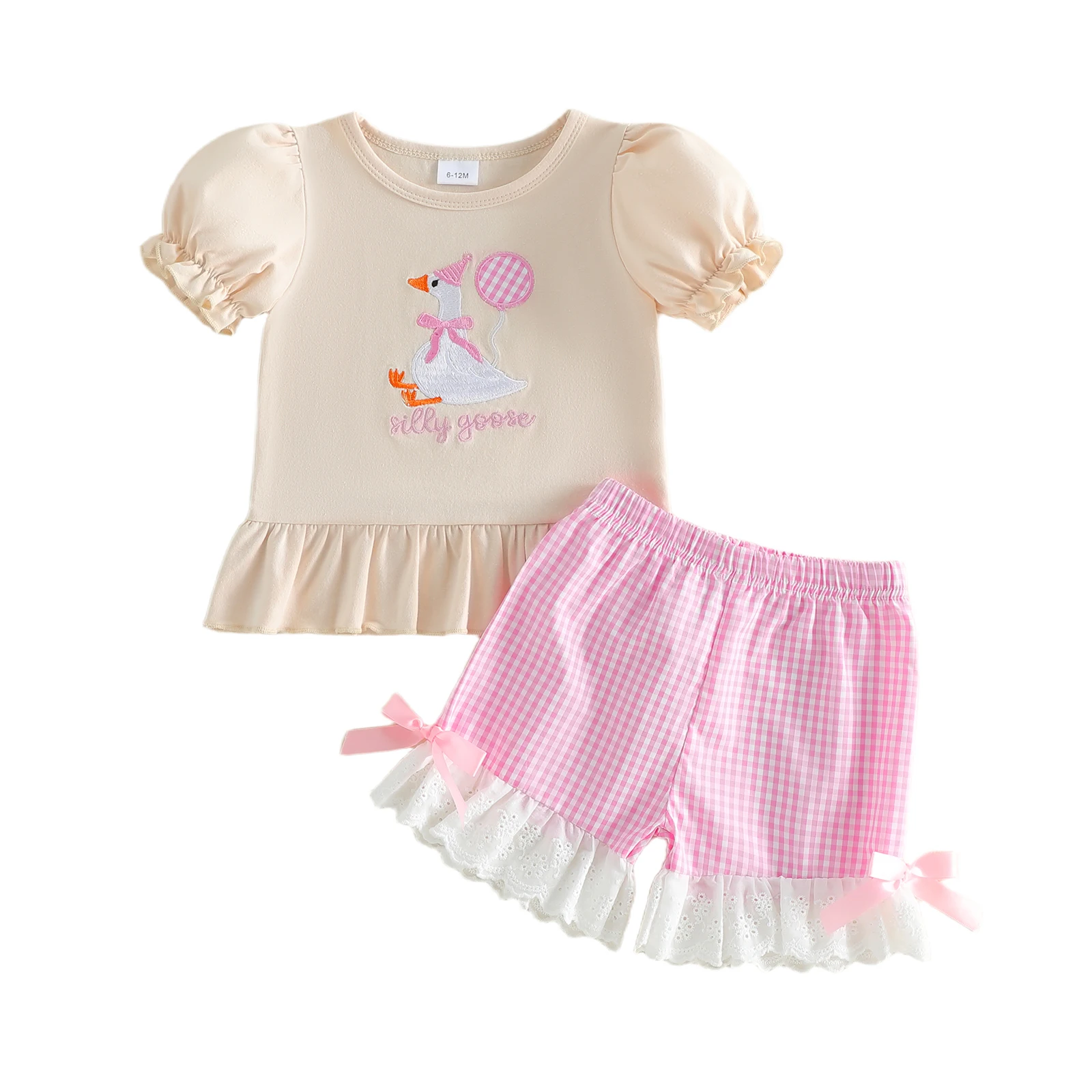 

Toddler Girls Birthday Day Outfits Short Sleeve O Neck Goose Embroidery Tops Plaid Shorts Sets