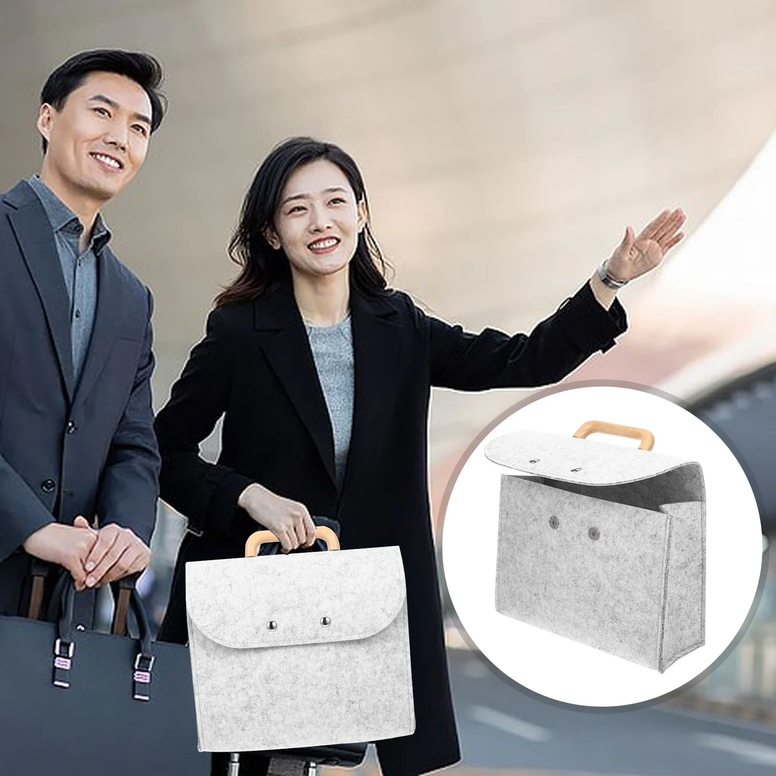 

Ручная сумка для хранения, деловая сумка-тоут, темно-серая фетровая деревянная ручка, портативный органайзер для файлов, большая вместимость для офисного использования