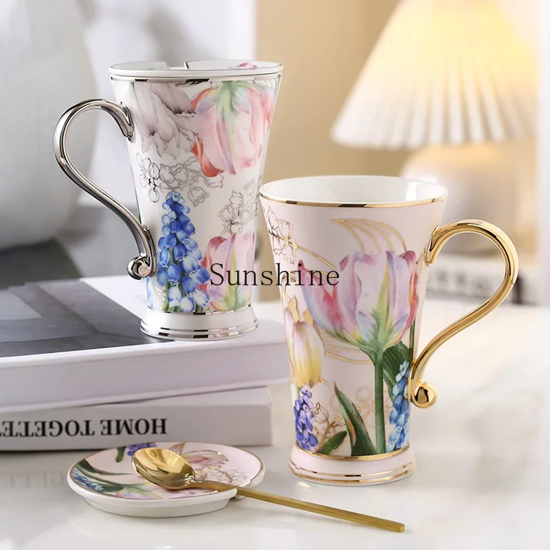 Pastoral ceramic mug with lid spoon water cup household cup simple creative personality trend