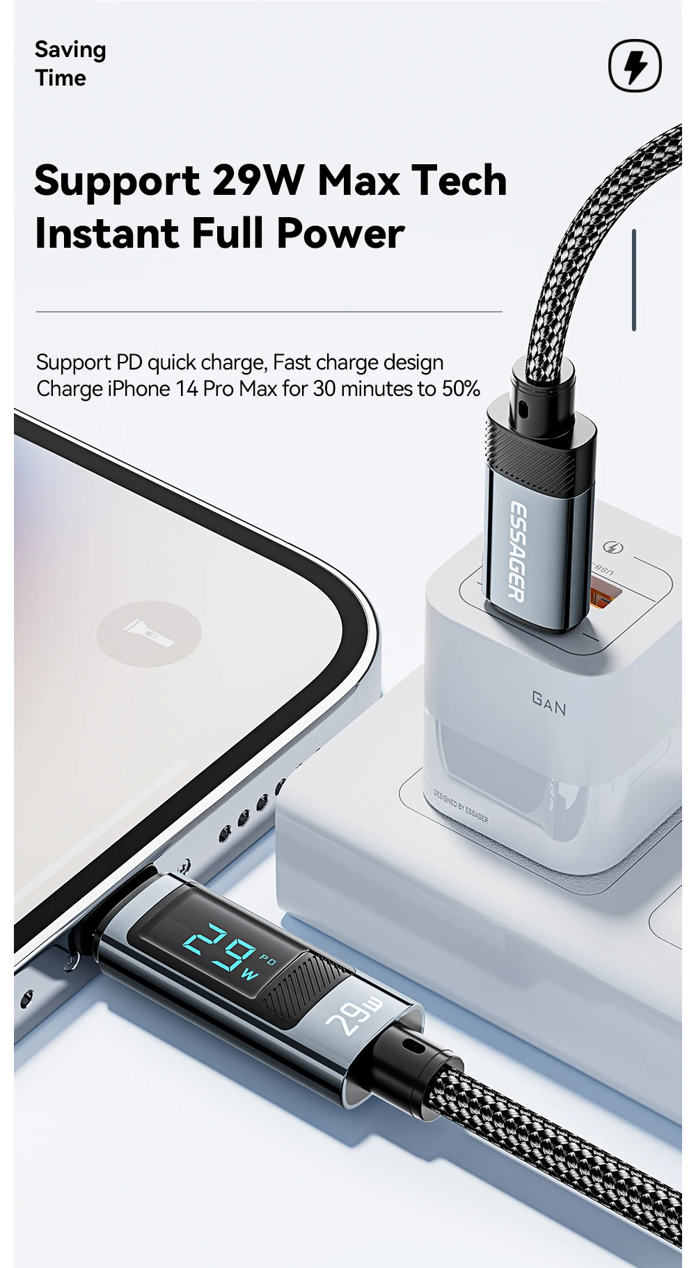 Essager USB Type C Cable for iPhone 14 13 12 11 Pro Max PD 29W Fast Charging Wire for iPhone Charger Cable Digital Display Cable