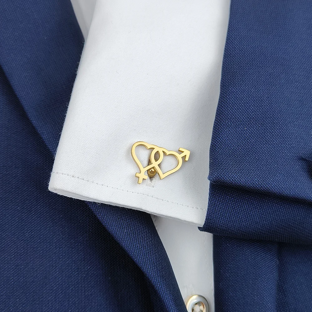 Cufflinks 316L Stainless Steel 18K Gold Plated Interlocking Heart Gender Symbol Design Mens Shirt Cuff Links Wedding Business