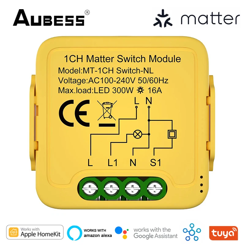 Aubess Matter WiFi Smart Switch Module Relay 1-Gang 16A Compatible With Homekit Smartthings Voice Control Via Alexa Google Home