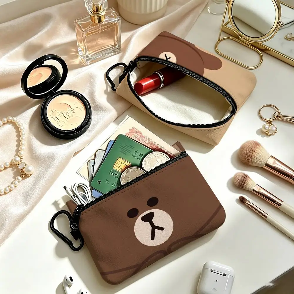 L-Lines Friends B-Brown Bear   Lightweight Oxford Fabric Coin Purse Carabiner Hook Design Mini Card Key Organizer Bag