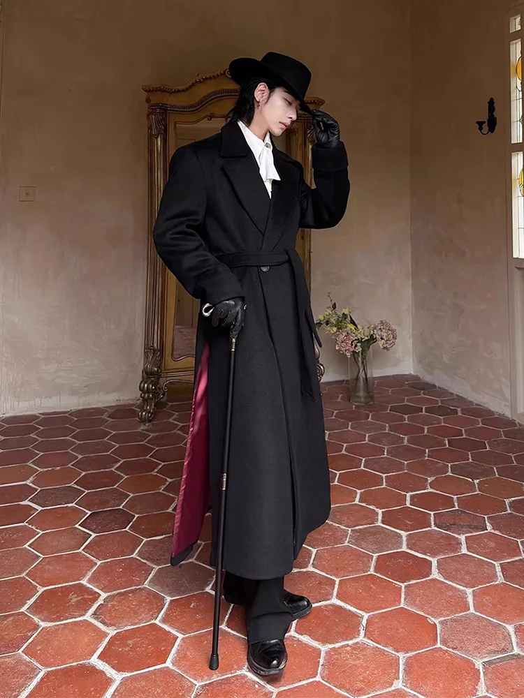 

German Sle Men's Bla Red Inner Woolen Coat Autumn Winter Middle Long over Knee Woolen Windbreaker Jaet Youth Faion