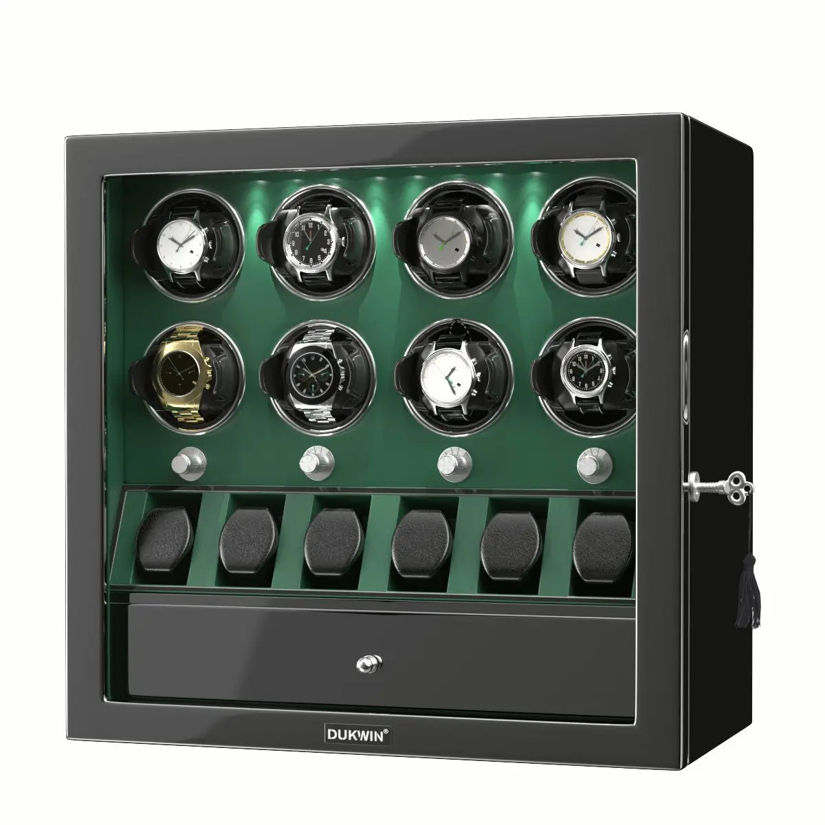 Jam tangan otomatis, Winder jam tangan otomatis untuk 8 jam tangan dengan 6 dudukan, kotak penyimpanan Organizer jam tangan-hijau