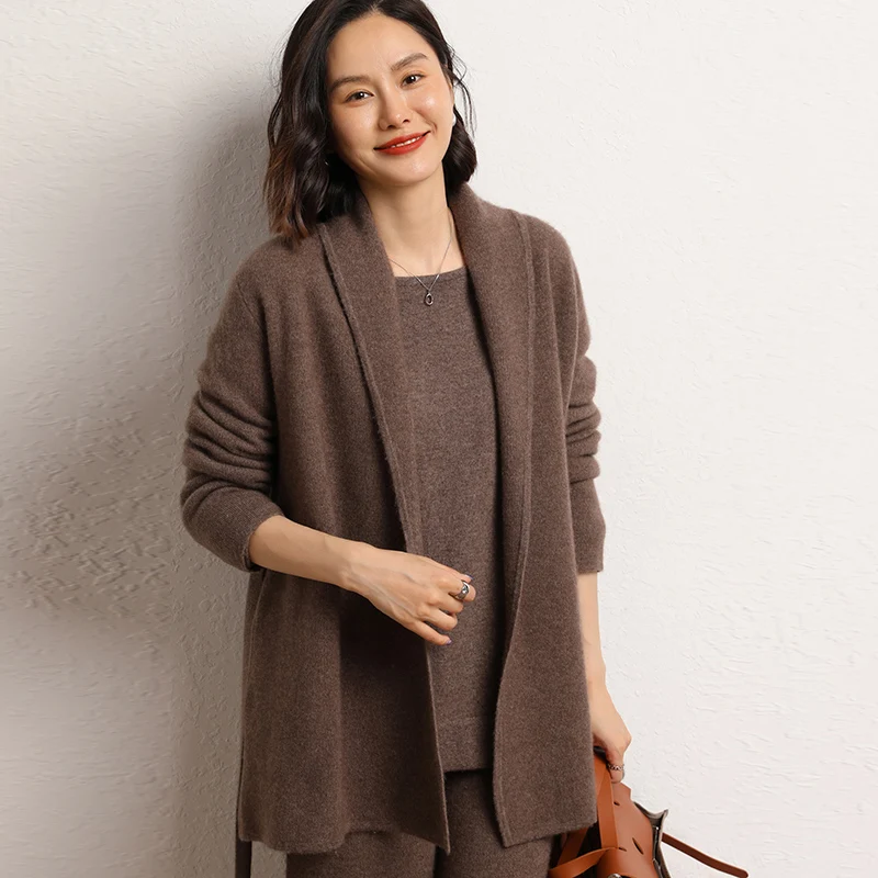 High-end 100% Cashmere Sweater Women Turn-down Collar Cardigan  Mid-Long Coat  Autumn Winter Thick Warm Loose Knitwear Clothing