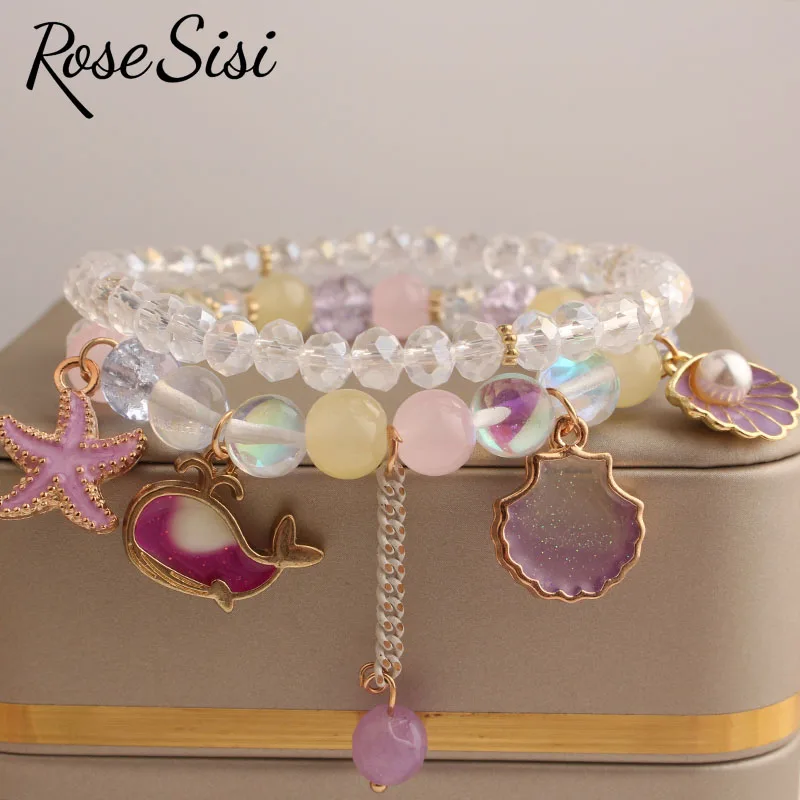 Rose sisi Korean Style summer fresh beach wind bracelet holiday beads bracelet for women elastic hand rope friendship jewelry