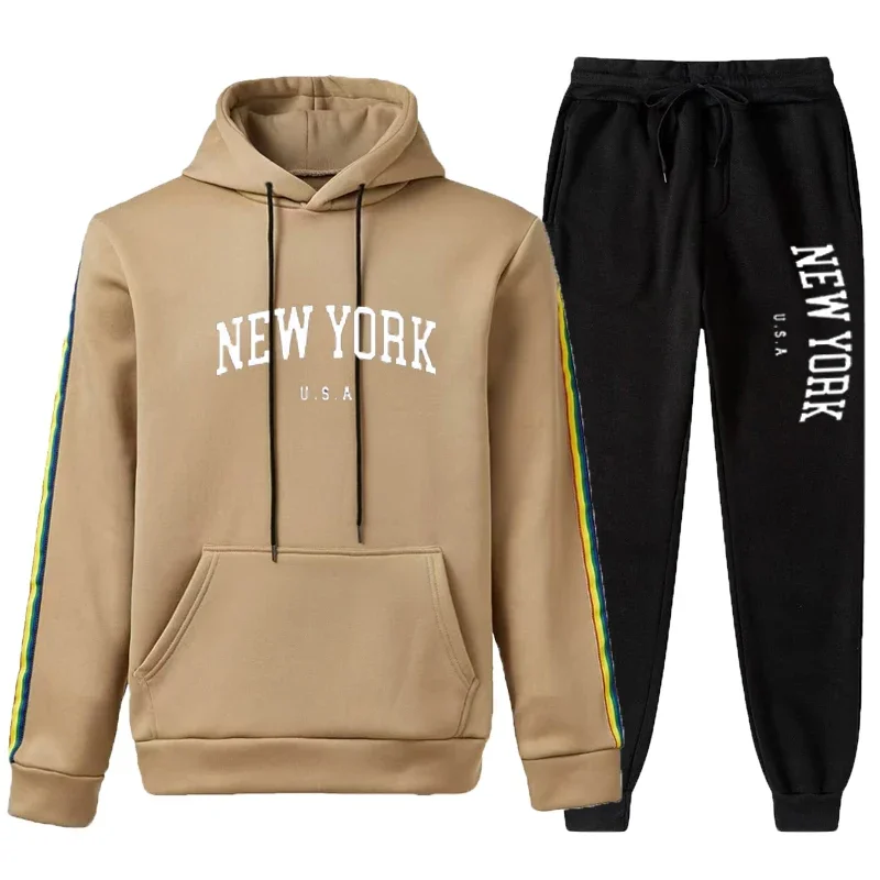 

2 Pieces Sets Tracksuit Hooded Sweatshirt +Drawstring Pants Male Sport Side Ribbon Hoodies Running Sportswear Men Women Brand