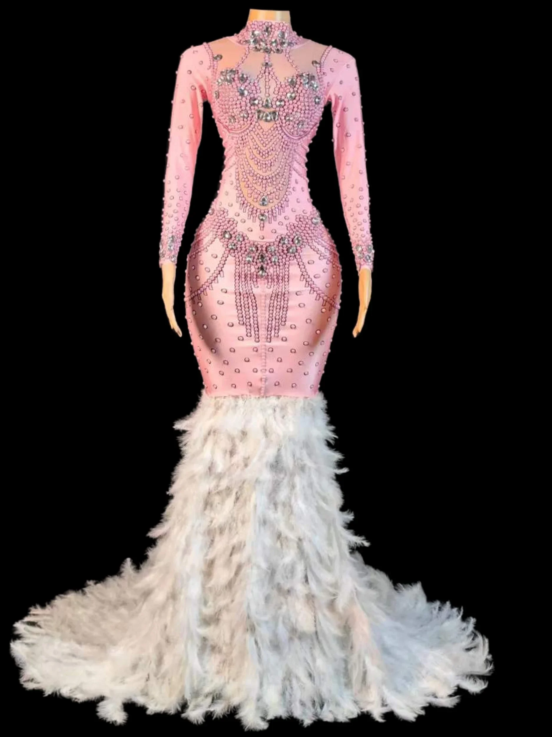 فستان نسائي طويل لامع من حجر الراين مع ريش ، فساتين ملكة عيد ميلاد ، وردي ، مقاس واحد ، مرن ، زي سحب ، احتفال زفاف