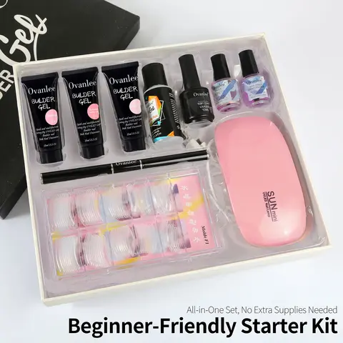 Ovanlee 3-Tube Nail Extension Builder Gel Kit – Complete All-in-One Set with Mini UV/LED Lamp, Nail Prep Dehydrator, Primer Bonder, Top Coat, Dual Forms & Brush for DIY Home Manicure (15ml Each)