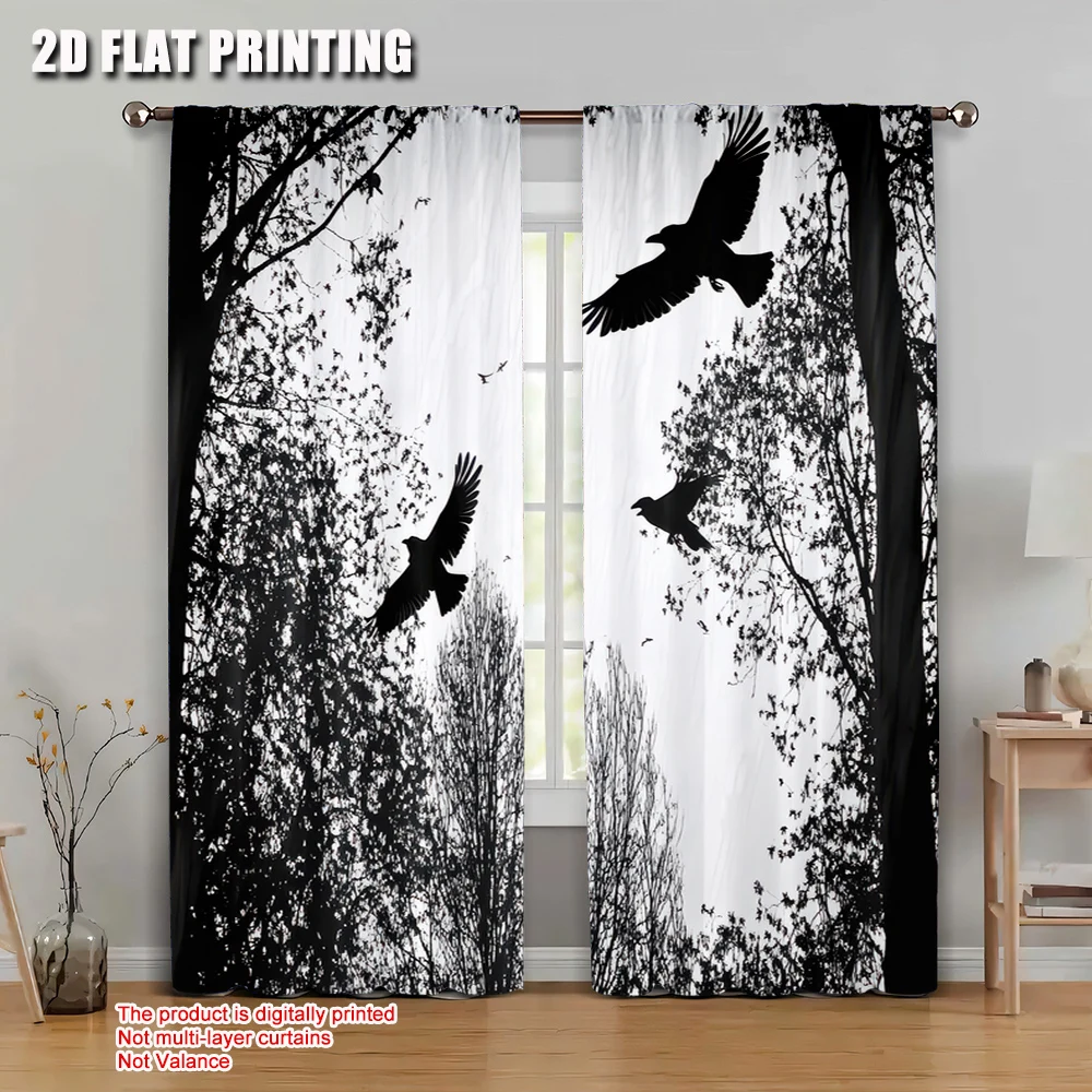 2pcs 2D flat printing Curtain Gothic Crow Machine Washable Fabric Without Electricity Birthday Party Perfect for Outdoor and