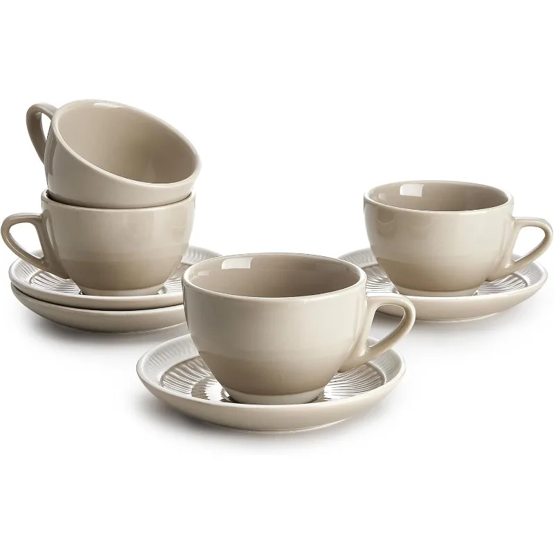 

6 Ounce Cappuccino Cups with Saucers, Porcelain Double Espresso Cups Set of 4