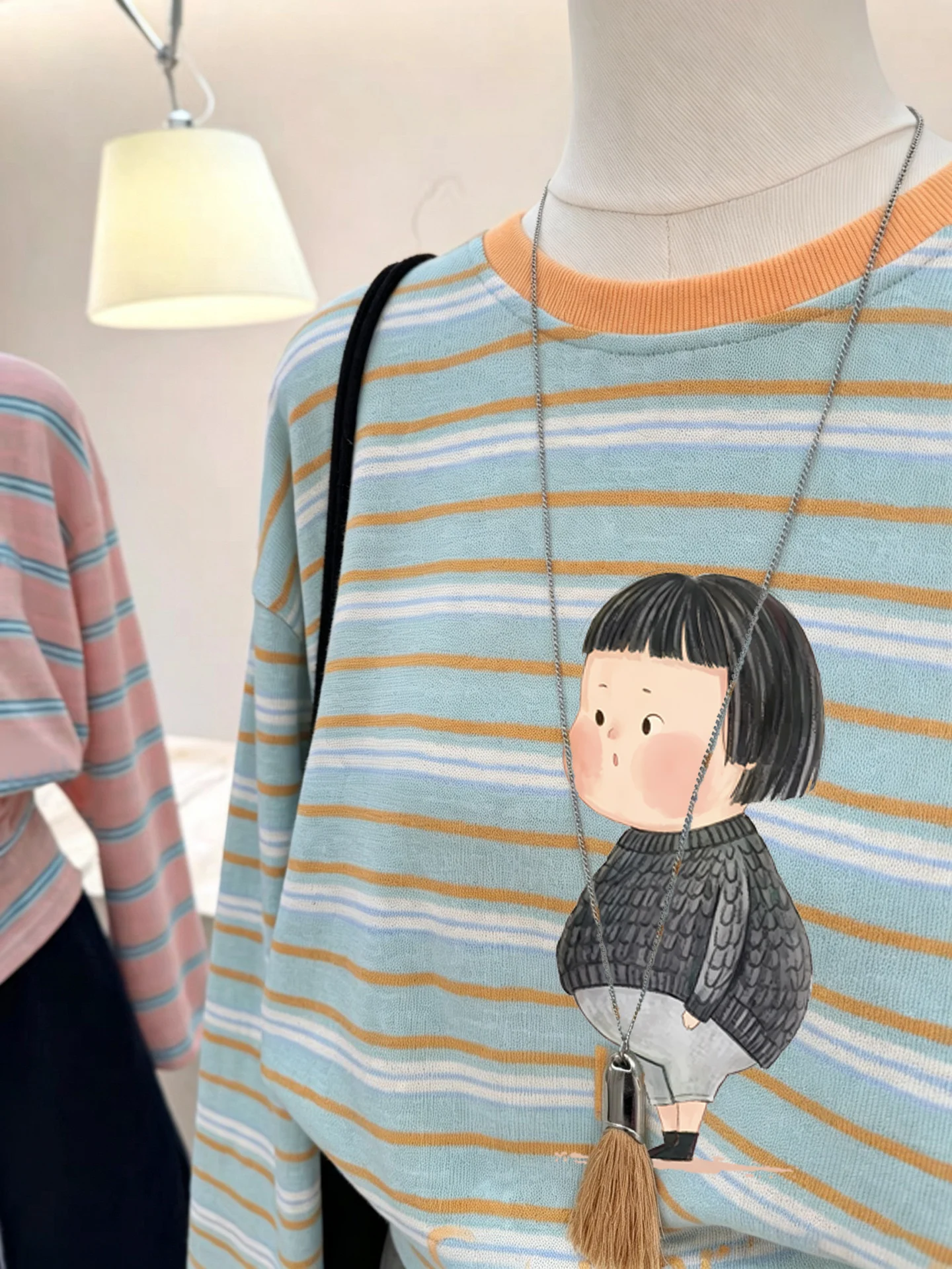 Loose Long Sleeve T-Shirt Women's Rainbow Stripes Lazy Style Cotton Casual Top Slimming Cover up Autumn New Arrival