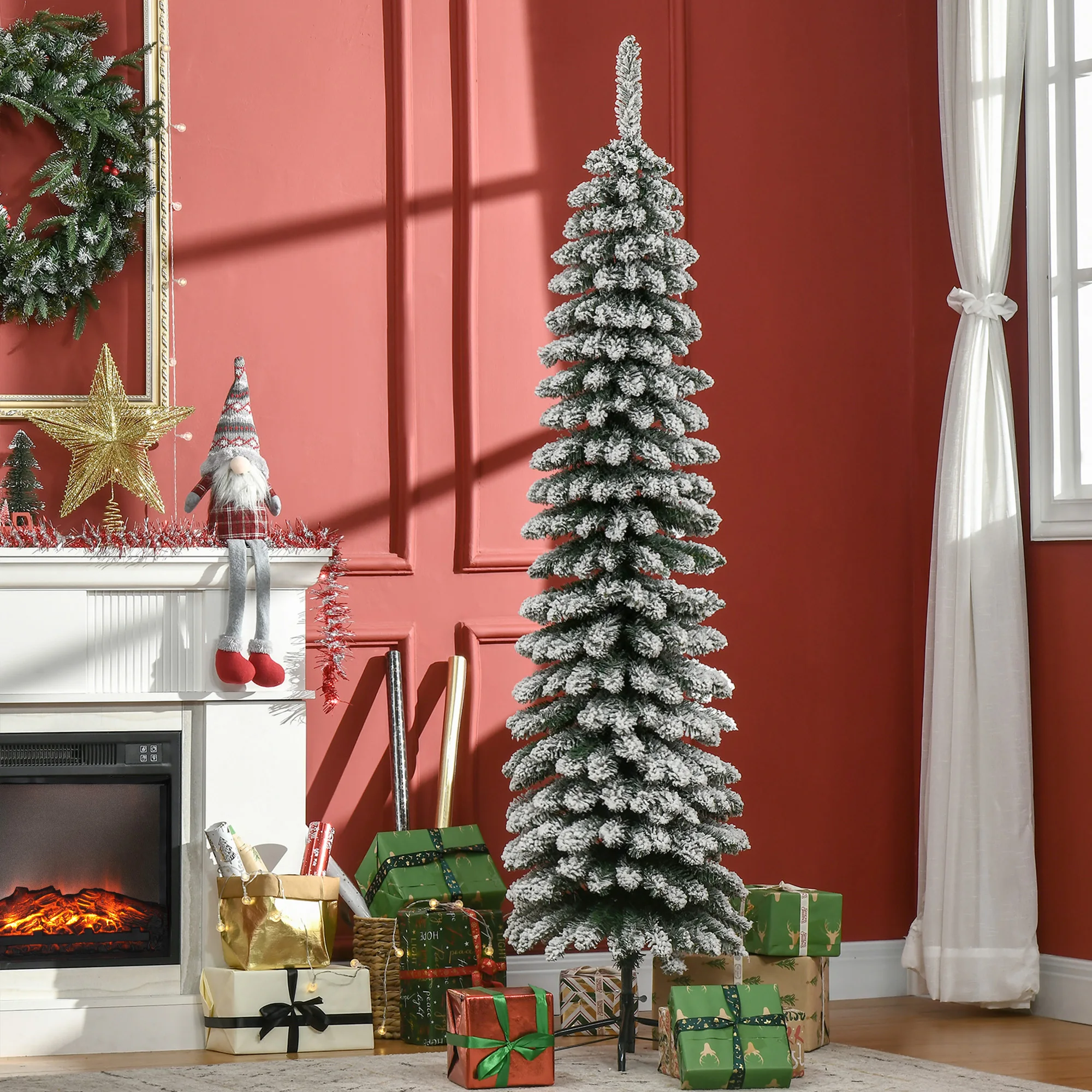 HOMCOM Kunstkerstboom 180 cm, kunstkerstboom met kunstsneeuw, 395 kant kerstboom, kerstdecoraties incl. Metalen standaard voor binnengebruik