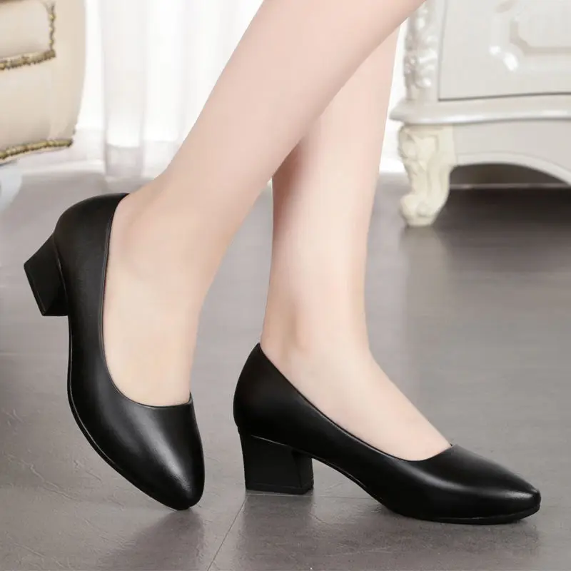 Spring Work Shoes Black Professional Women High Heels Shoes Pumps Low-heeled Leather Office Career Formal Women Shoes