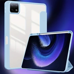 Case for XiaoMi Pad 6 11inch with Pen Holder, for RedMi Pad SE 11, Clear Transparent PC Back, Tri-Fold Stand Tablet Cover