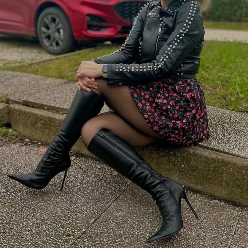 

Black Knee High Matte Zipper Boots Thin High Heel Pointed Toe Fashion Sexy Cool Western Summer Woman Shoes Zapatillas Mujer