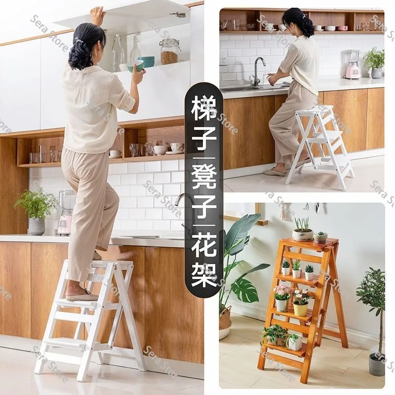 Solid wood household multi-functional folding ladder chair, indoor mobile climbing ladder dual-purpose four-step ladder stool