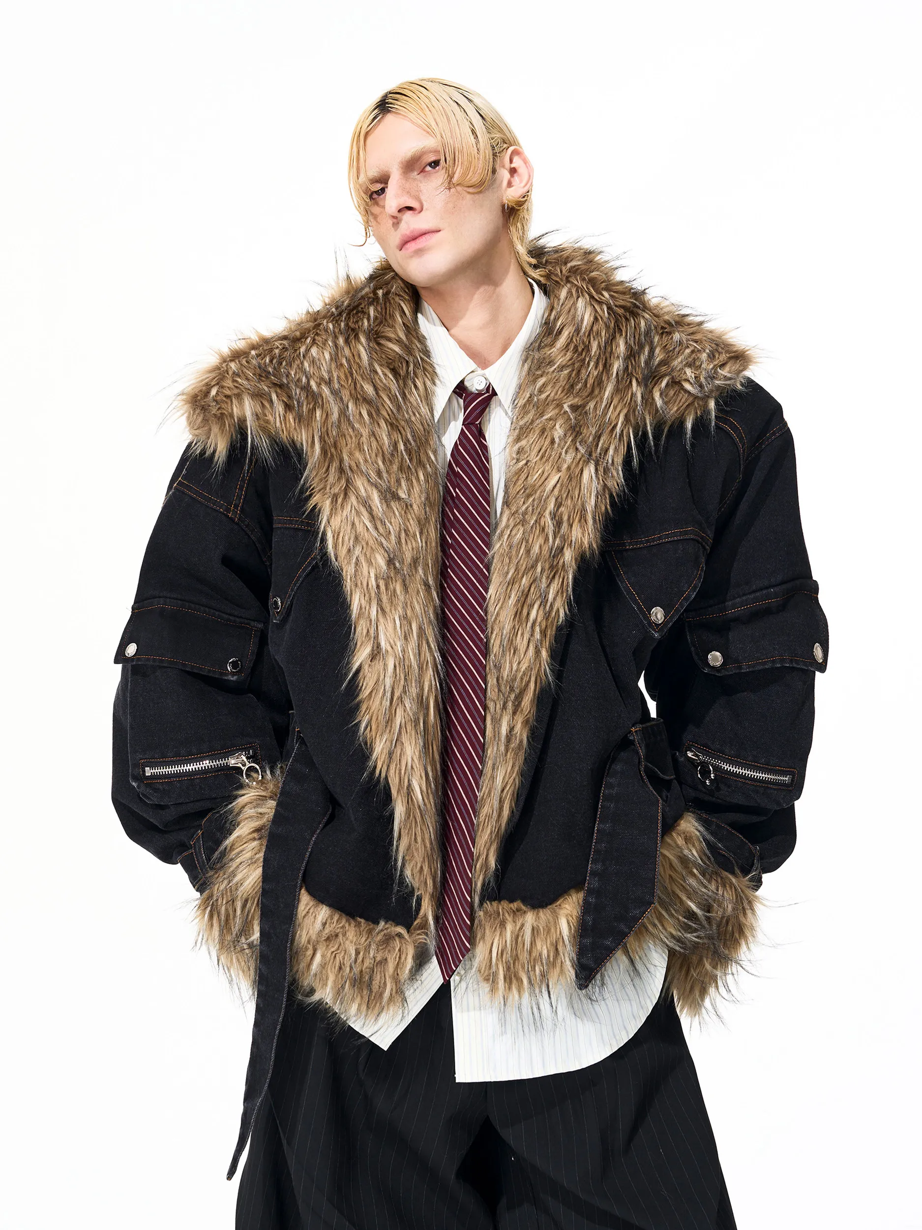 High Street Padded Cotton and Fur Patchwork Denim Jacket Men's Winter Silhouette Warm Jackets and Coats with Bat Sleeves