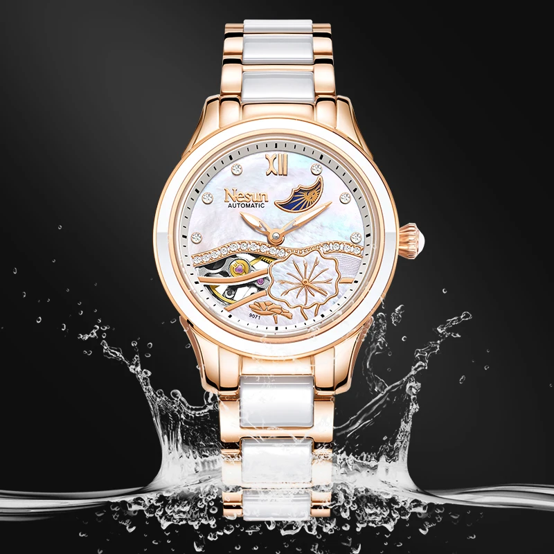 ساعة نسائية هدية للرجال من NESUN، ساعة نسائية ميكانيكية أوتوماتيكية بالكامل، أنيقة، كاجوال، مضيئة بهيكل عظمي، هدية للرجال