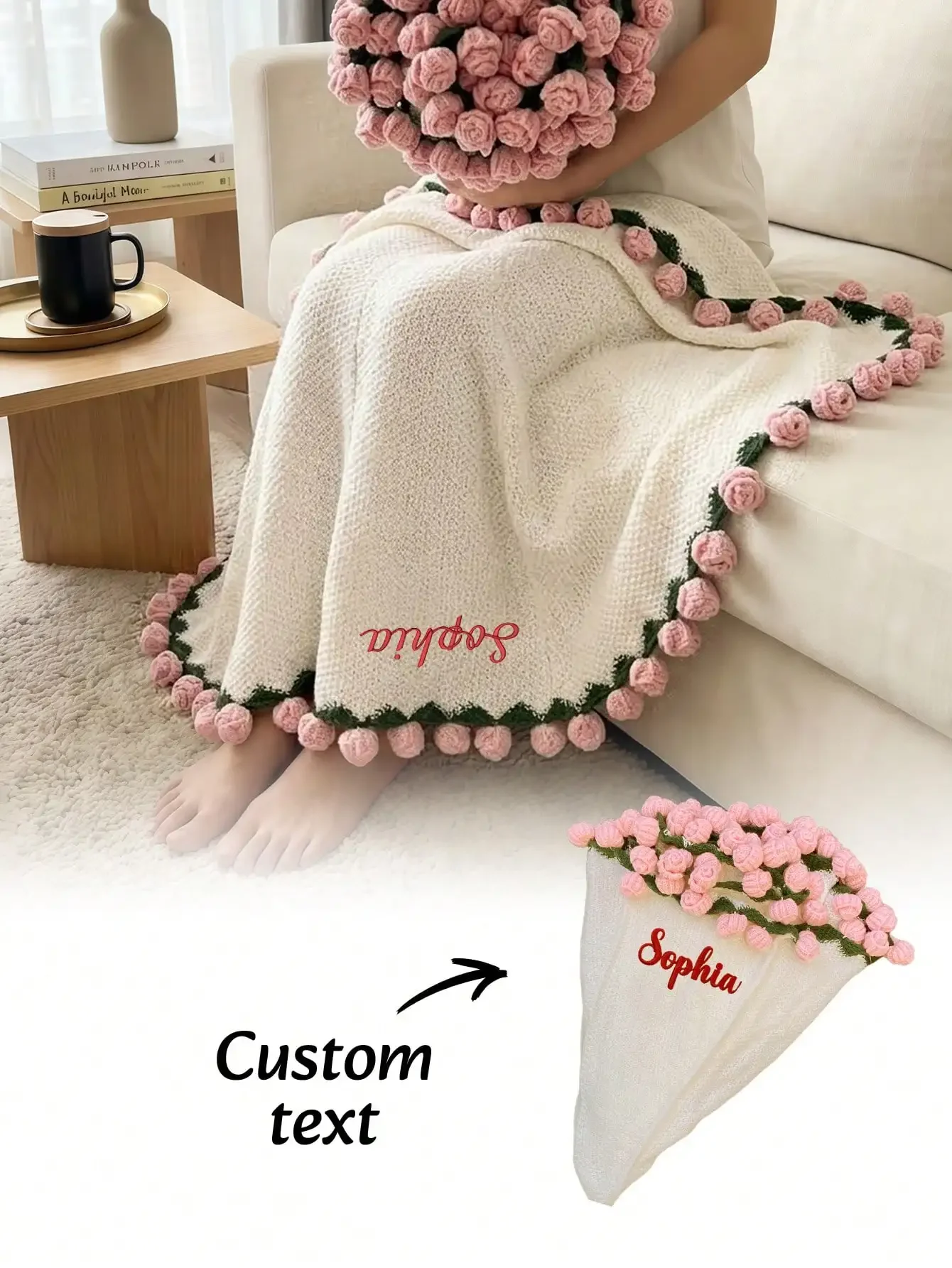 1pc Customized Name Flower Blanket, Romantic Bohemian Circular 3D Floral Fleece Throw For Sofa Bedroom, Personalized Housewarming Gift