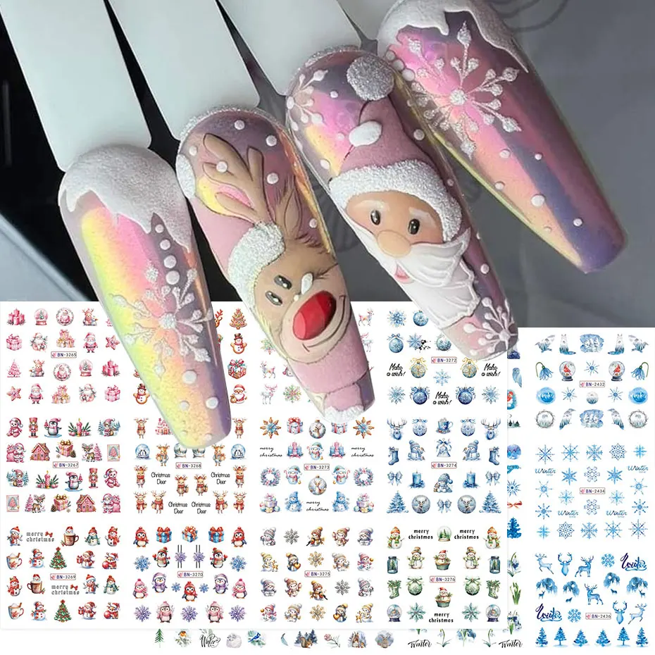 12-Design Weihnachten Pinguin Santa Wassertransfer Nagelaufkleber Winter Elch Schneeflocke Slider Cartoon Tiere Aquarell Nagelaufkleber